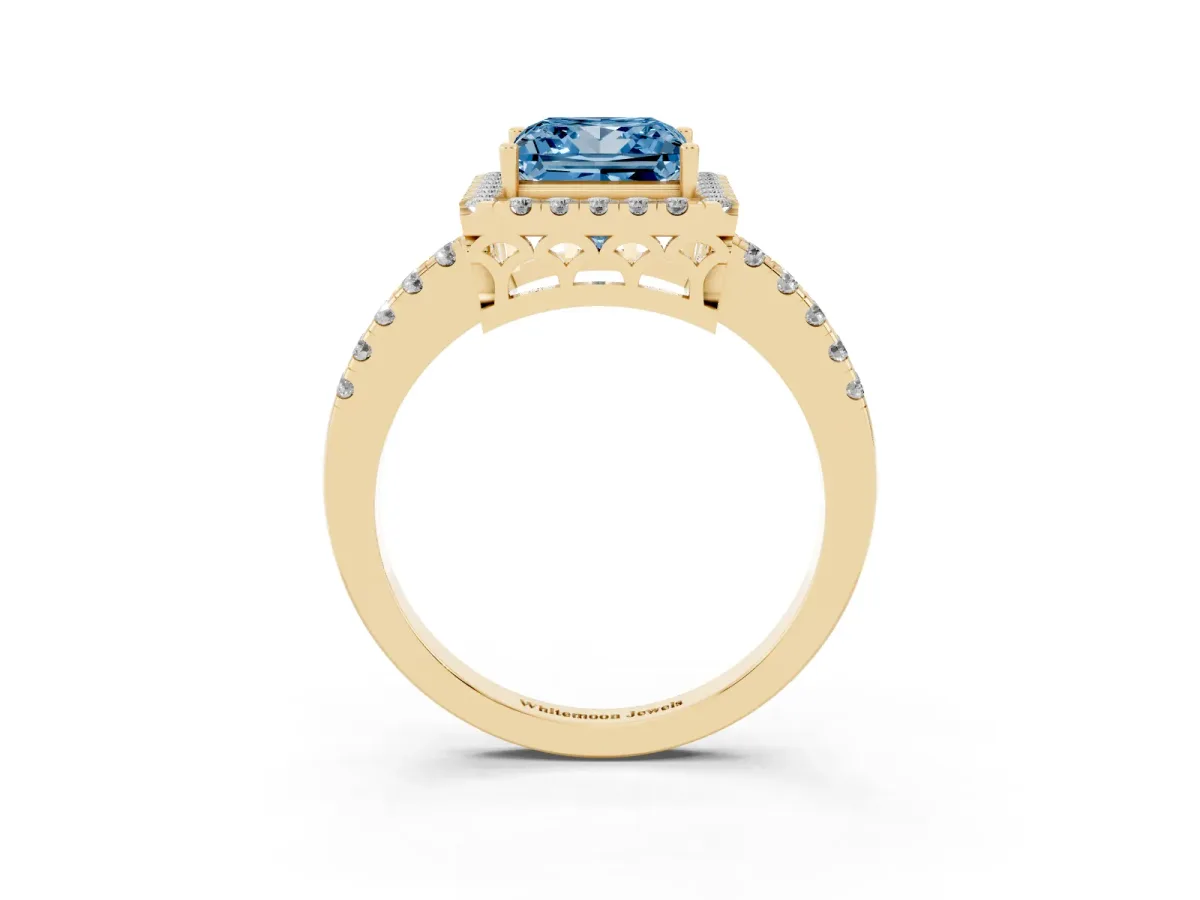 Fancy Blue Princess Cut Halo Diamond Engagement Ring with Pavé Band and Four-Prong Setting Yellow gold