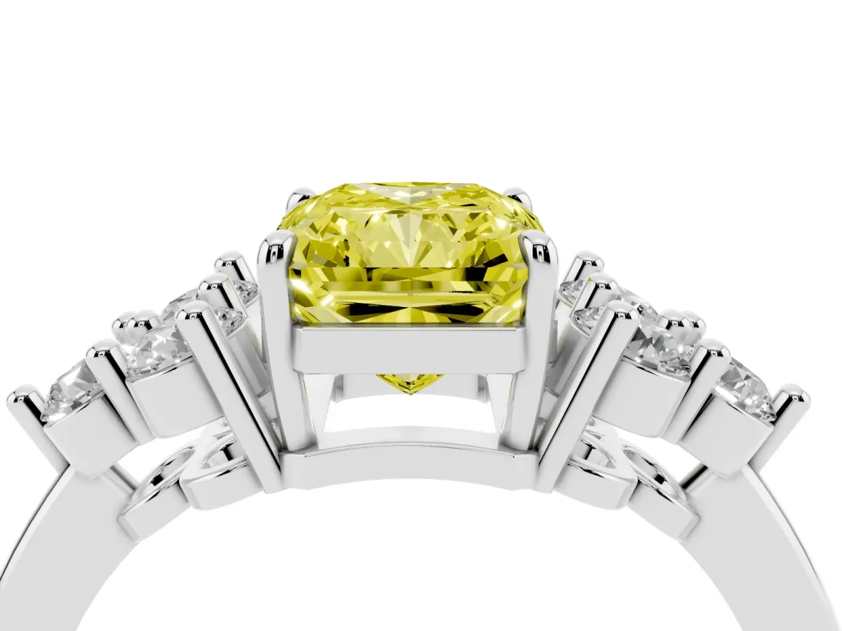 Fancy Yellow Radiant Cut Brilliant Diamond Cluster Accent Solitaire Ring with Prong Setting Platinum