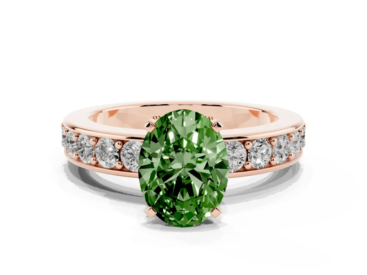 Fancy Green Oval Cut Diamond Engagement Ring with Channel Set Round Band and Prong Setting Rose gold