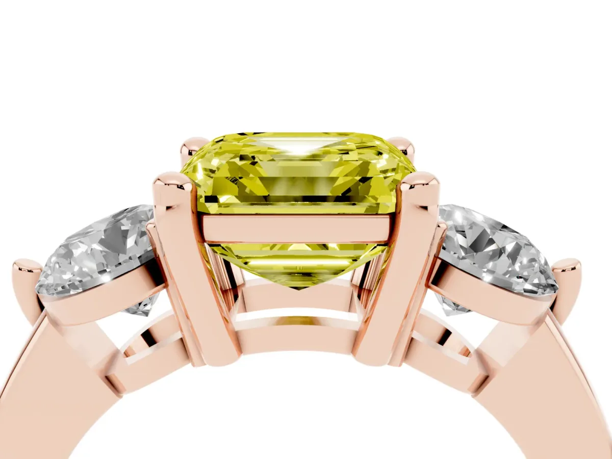 Fancy Yellow Three-Stone Asscher Cut Brilliant Cut Solitaire Ring with Prong Setting on a Classic Band Rose gold