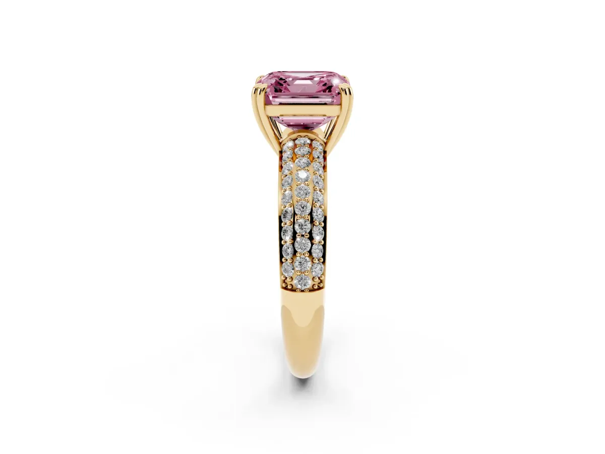 Fancy Pink Asscher Cut Diamond Solitaire Ring with Multi-Row Round Pavé Band and Prong Setting Yellow gold
