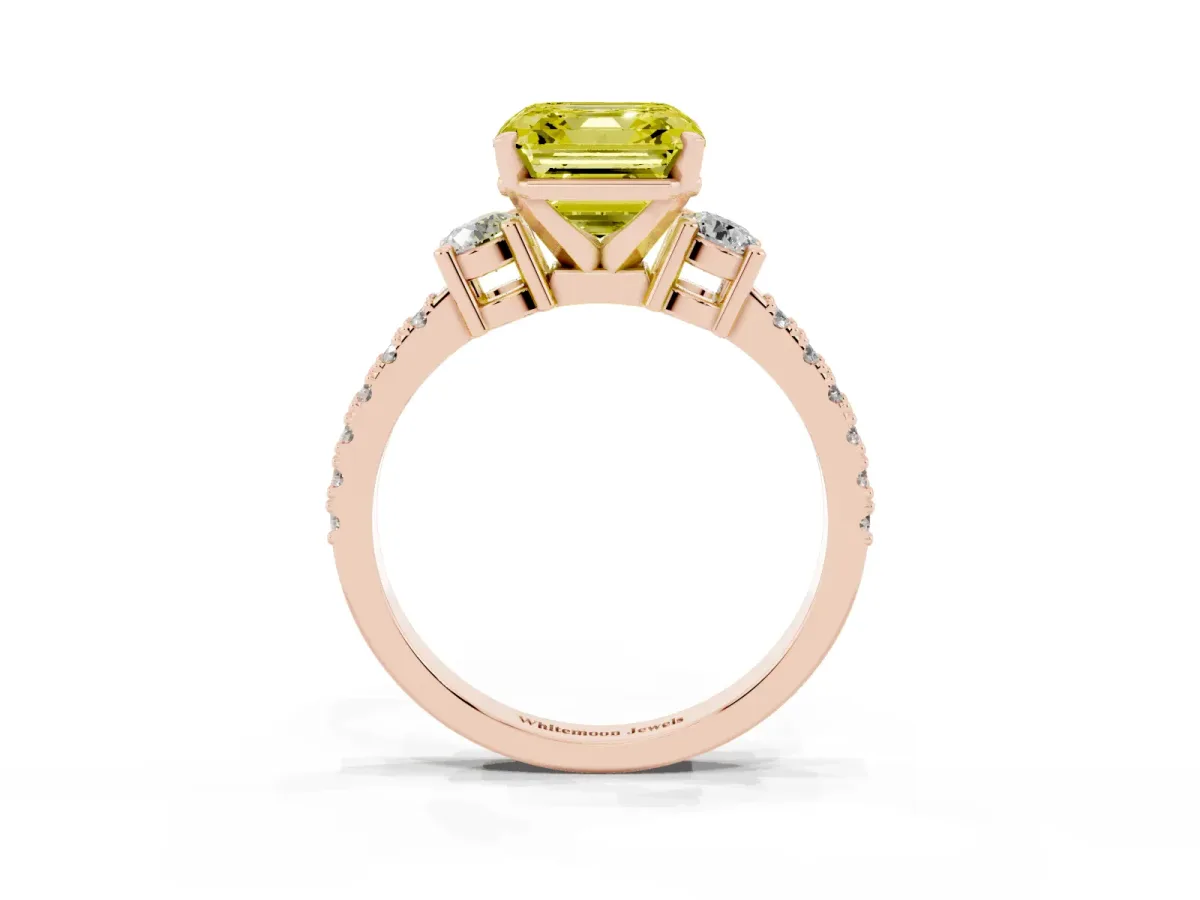 Fancy Yellow Asscher Cut Three-Stone Diamond Pavé Band with Prong Setting Rose gold