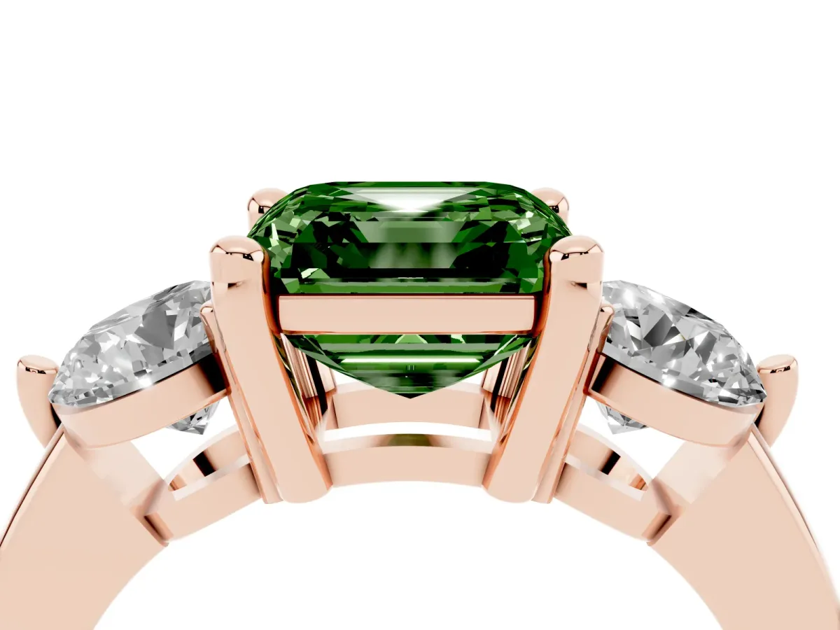 Fancy Green Three-Stone Asscher Cut Brilliant Cut Solitaire Ring with Prong Setting on a Classic Band Rose gold