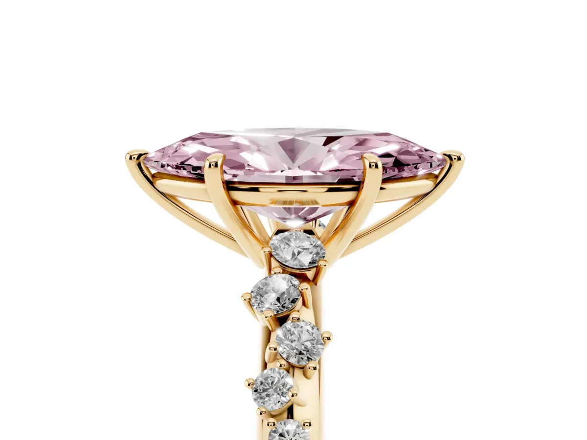 Fancy Pink Marquise Cut Diamond Cluster Side Stone Solitaire Ring with Prong Setting Yellow gold