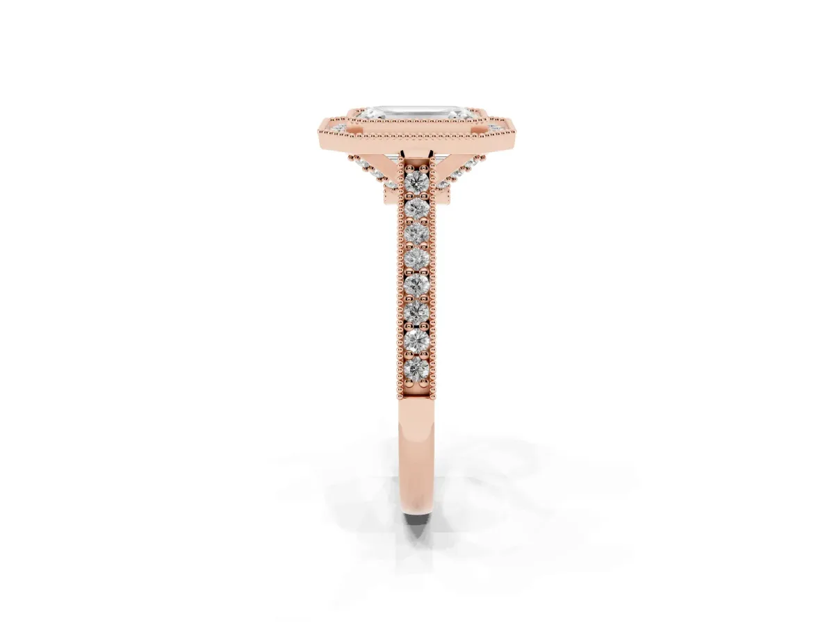 Halo Emerald Cut-Cut Diamond Pave Band Milgrain Prong Setting Ring Rose gold