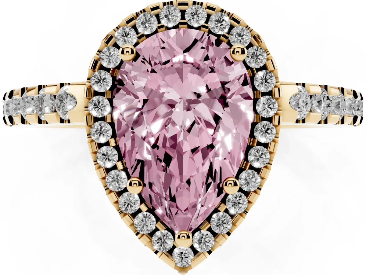 Fancy Pink Pear Cut Diamond Halo Engagement Ring with Pavé Band and Prong Setting Yellow gold