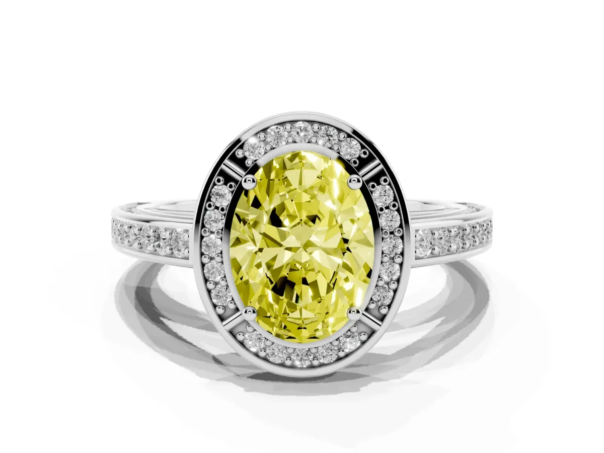 Fancy Yellow Oval Cut Cut Halo Pave Split Shank Prong Setting Ring White gold