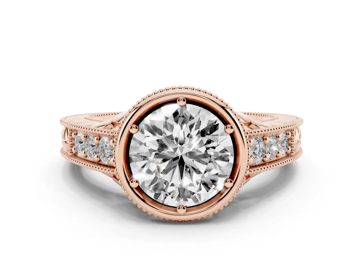 Bezel Set Round Cut Diamond Milgrain Pave Engagement Ring Rose gold