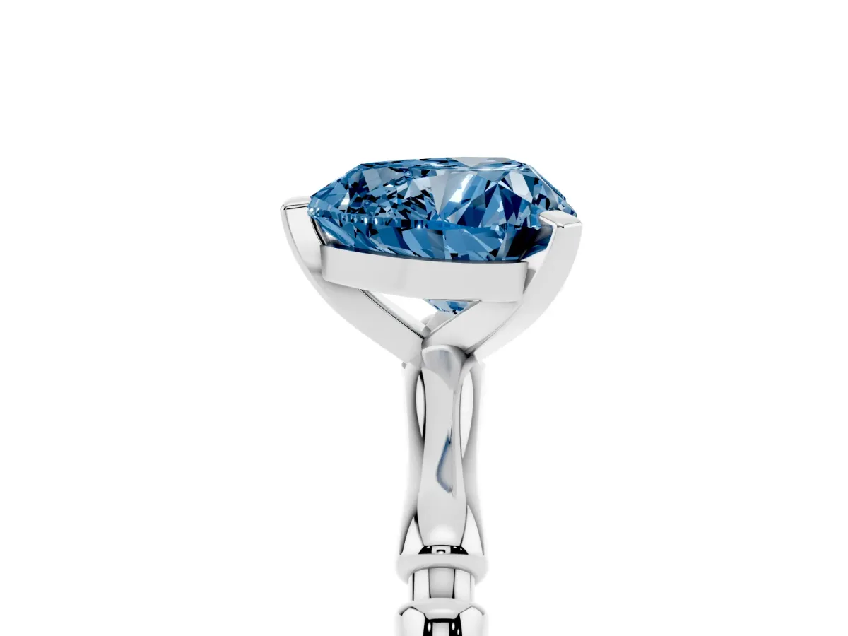 Fancy Blue Heart Cut Solitaire Diamond Ring with Bamboo Band and Four-Prong Setting Silver