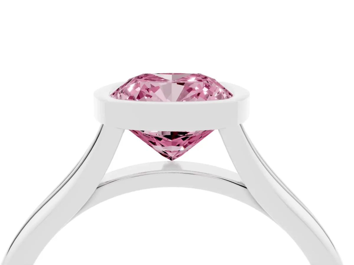 Fancy Pink Bezel Set Cushion Cut Cut Solitaire Ring with Tapered Band Silver