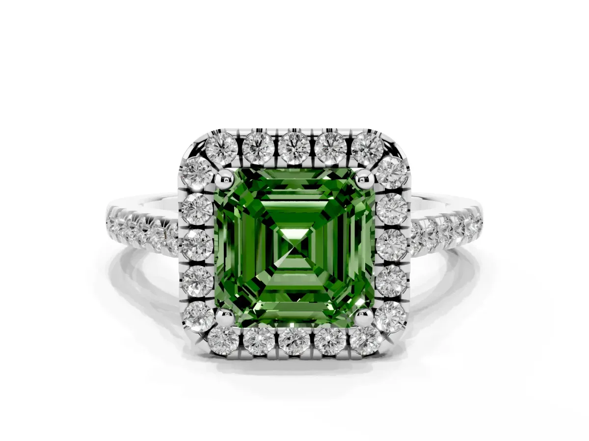 Fancy Green Asscher Cut Halo Pavé Diamond Engagement Ring with Four-Prong Setting Silver