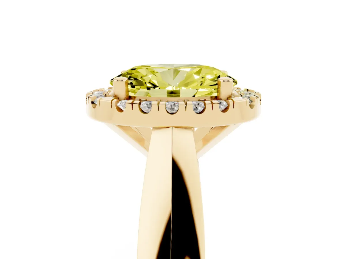 Fancy Yellow Oval Cut Cut Halo Solitaire Engagement Ring with Square Band and Four-Prong Setting Yellow gold