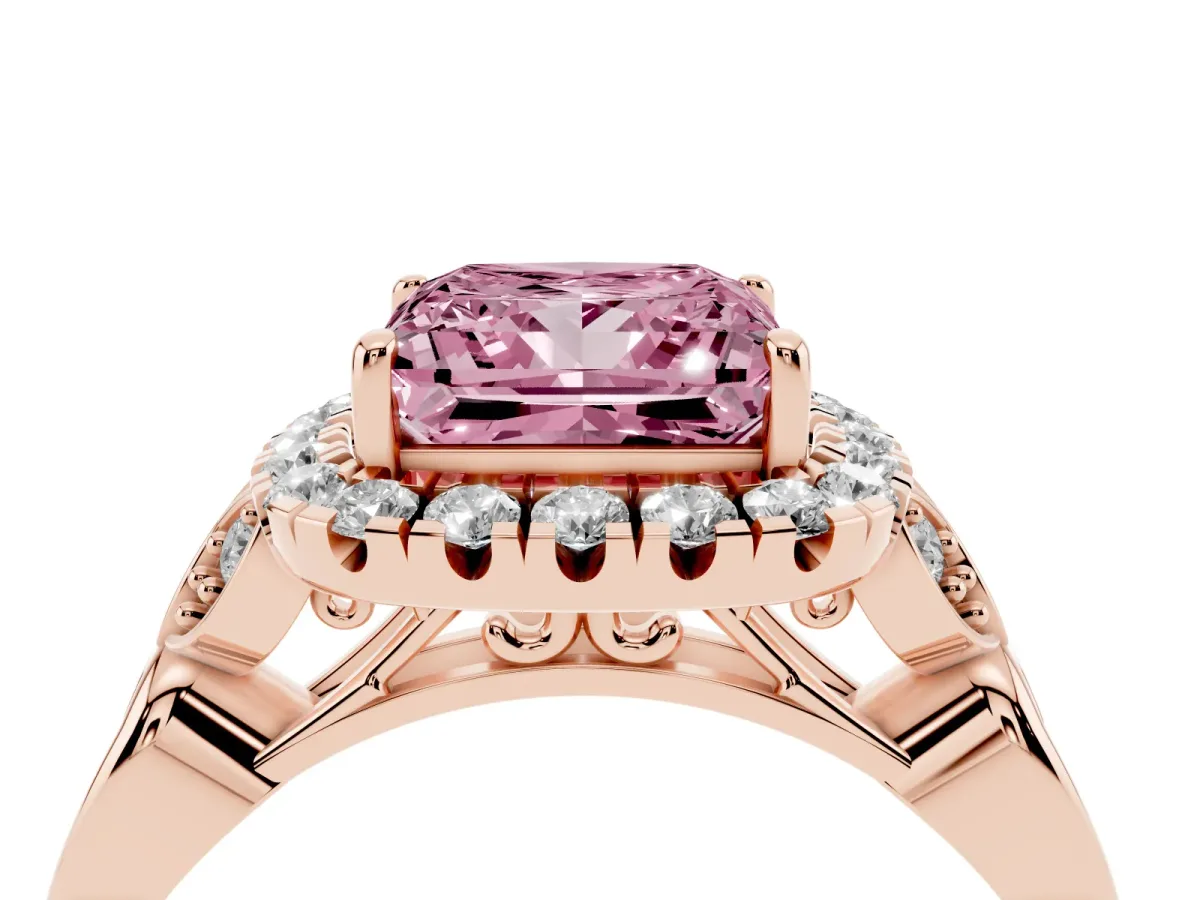 Fancy Pink Princess Cut Halo Diamond Engagement Ring with Vintage-Inspired Band and Four-Prong Setting Rose gold