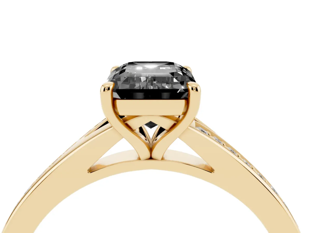Fancy Black Emerald Cut Diamond Solitaire Ring with Pavé Band and Prong Setting Yellow gold