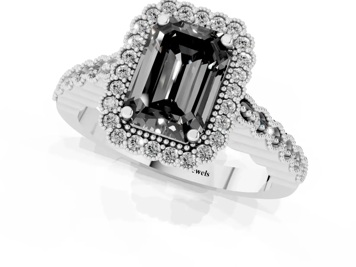Fancy Black Emerald Cut Cut Halo Pavé Solitaire Ring with Milgrain Band Silver