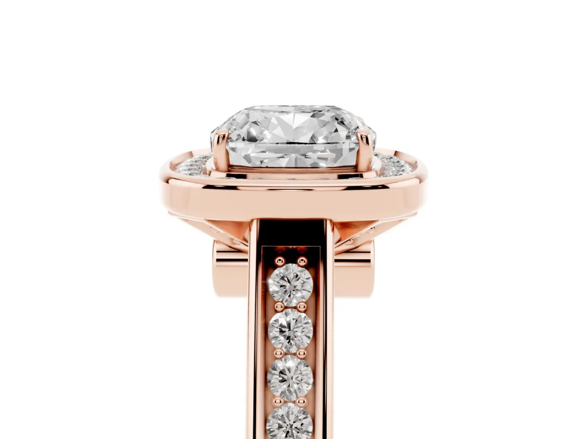Cushion Cut Halo Solitaire Diamond Ring with Pave Band and Bezel Setting Rose gold