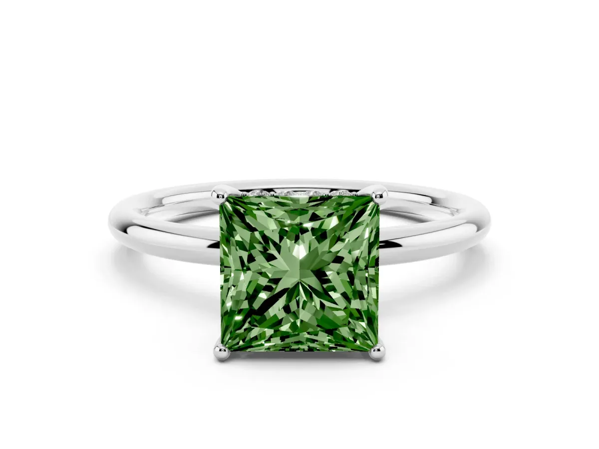 Fancy Green Princess Cut Solitaire Diamond Ring with a Classic Band and Four-Prong Setting Silver