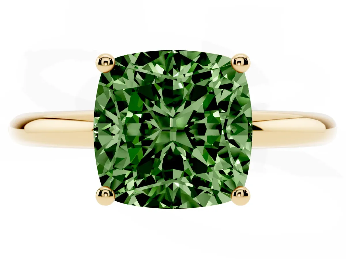 Fancy Green Cushion Cut Cut Solitaire Engagement Ring with Four-Prong Setting and Classic Band Yellow gold