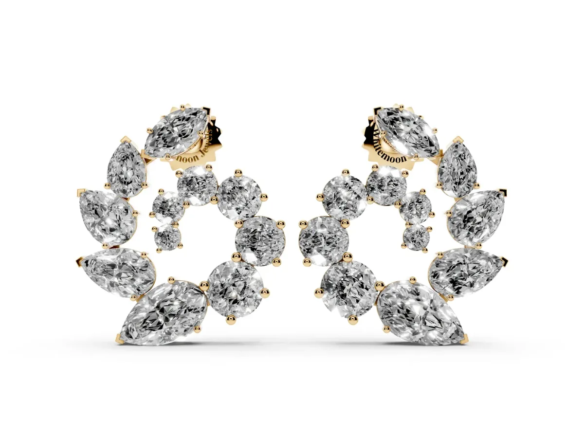 Marquise, Pear and Round Diamond Graduated Cluster Stud Earrings Yellow gold