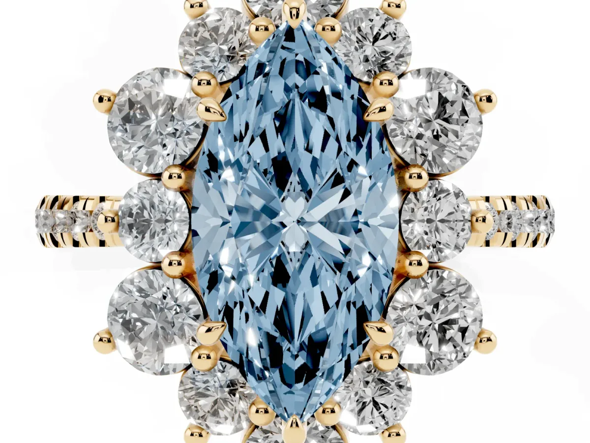 Fancy Blue Marquise Cut Diamond Floral Halo Ring with Round Pavé Band and Prong Setting Yellow gold