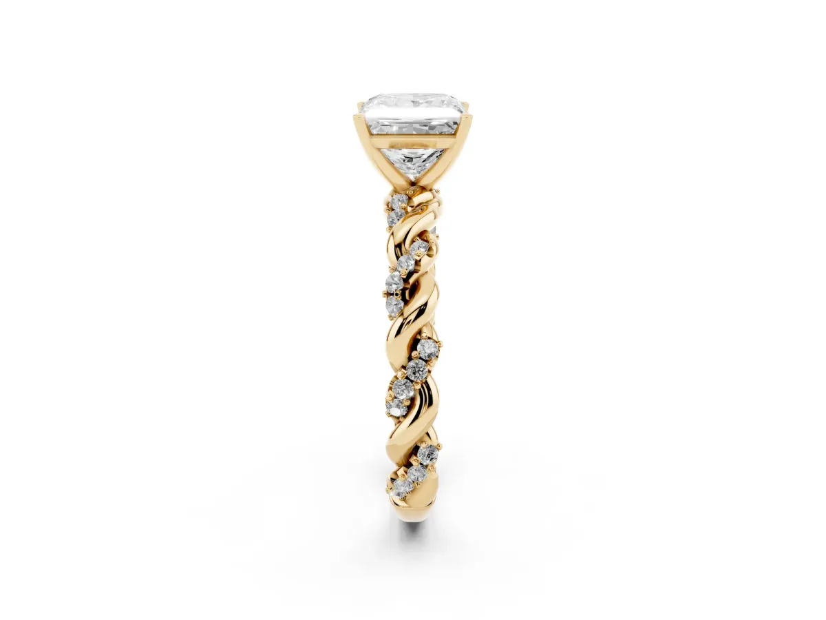 Princess Cut Diamond Solitaire Ring with Twisted Band and Pavé Accents Yellow gold