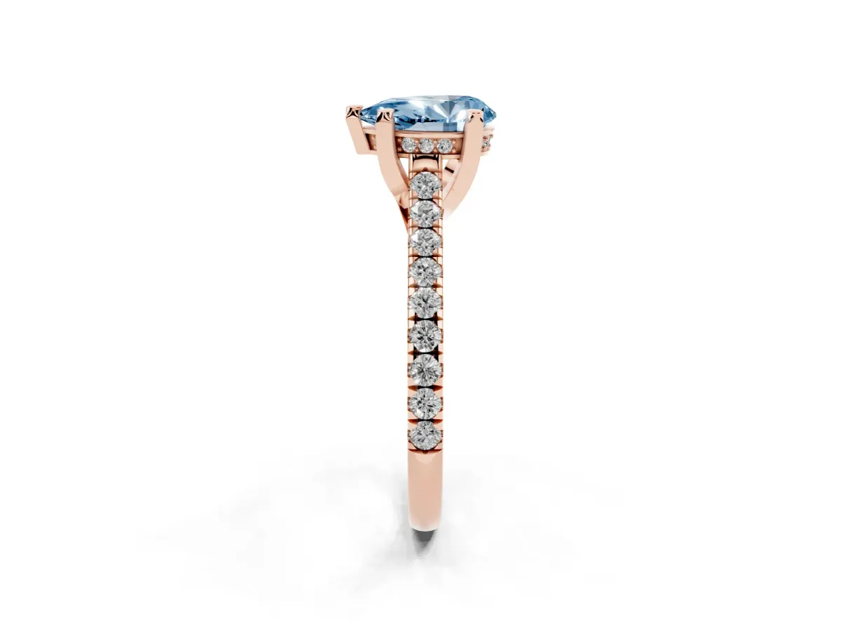 Fancy Blue Pear Cut Brilliant Diamond Solitaire with Pavé Band and Four-Prong Setting Rose gold