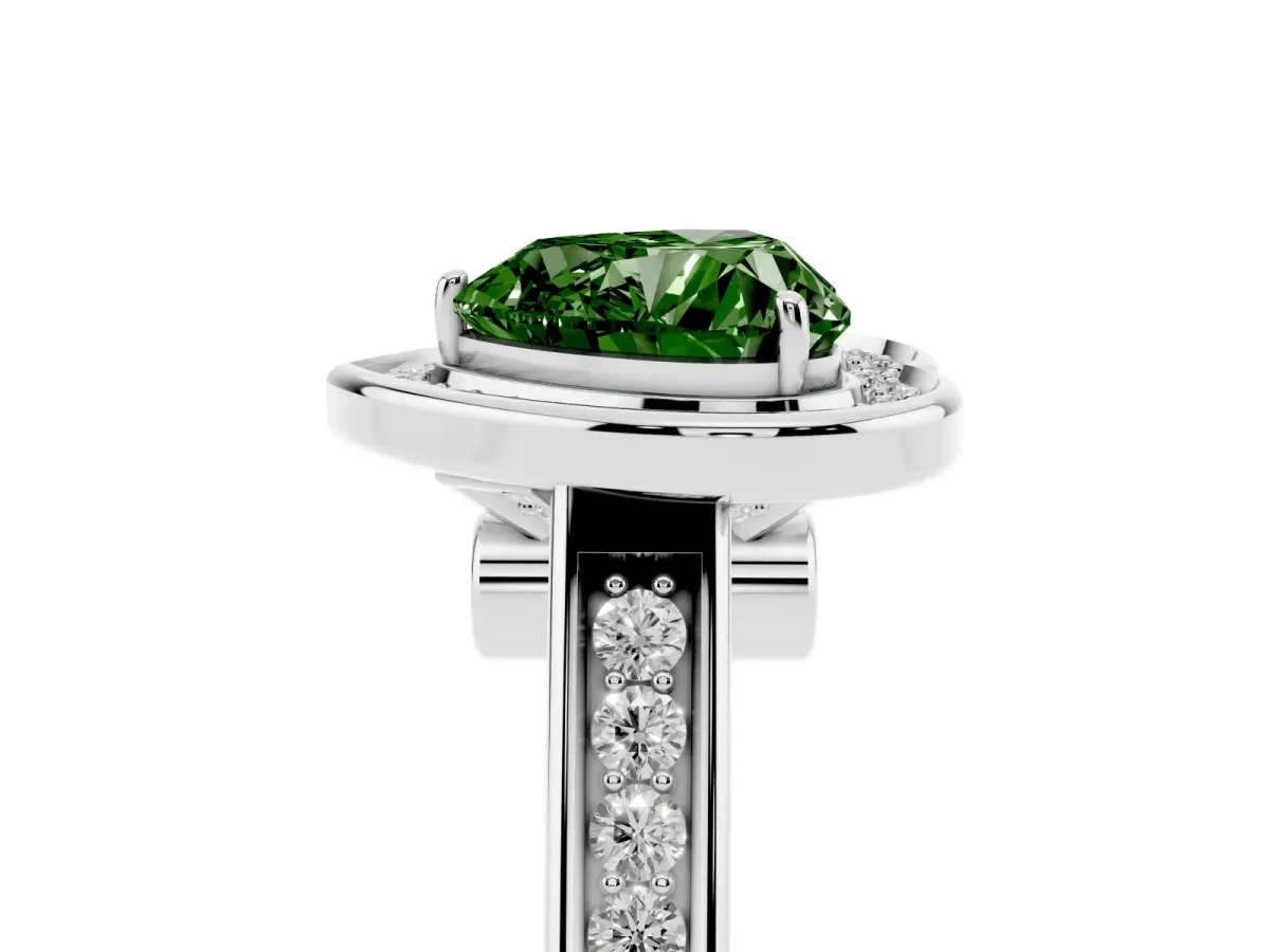 Fancy Green Heart Cut Halo Solitaire Diamond Ring with Pave Band and Bezel Setting Platinum