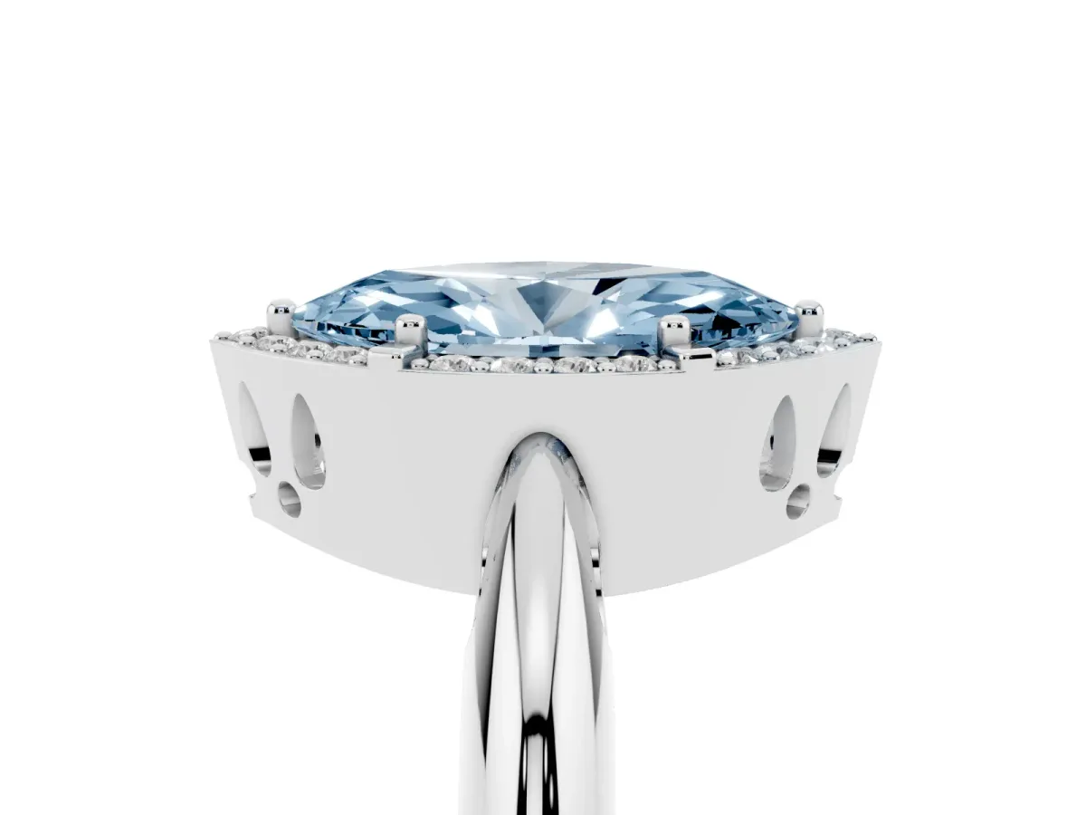 Fancy Blue Marquise Cut Cut Diamond Halo Engagement Ring with Split Shank and Four-Prong Setting Silver