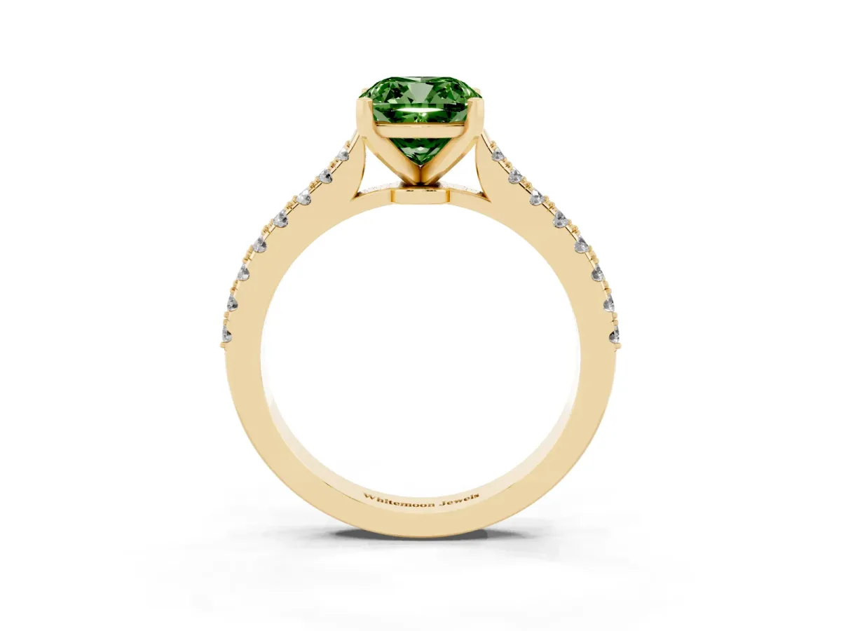 Fancy Green Cushion Cut Cut Solitaire Diamond Engagement Ring with Pave Band and Four-Prong Setting Yellow gold