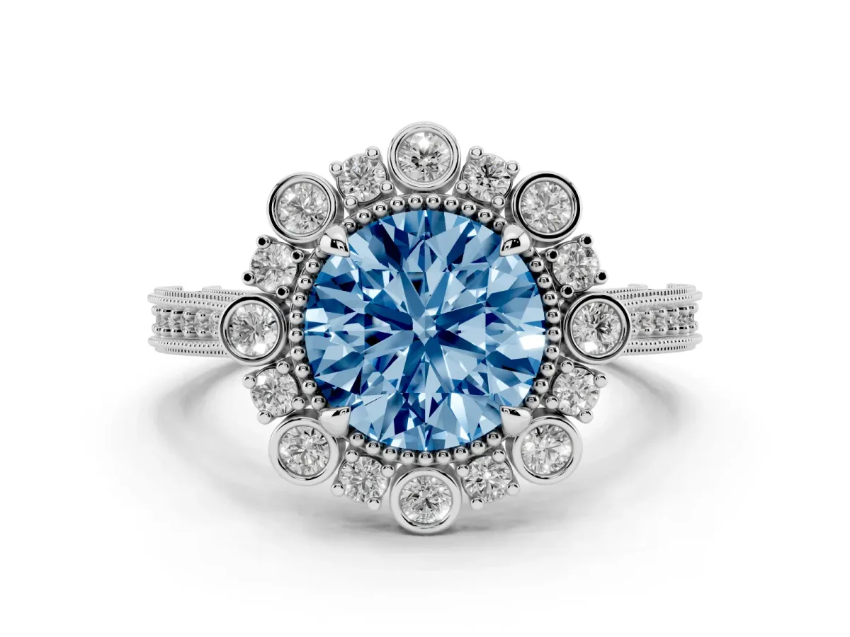Fancy Blue Round Cut Halo Milgrain Pave Diamond Ring with Four-Prong Setting Platinum