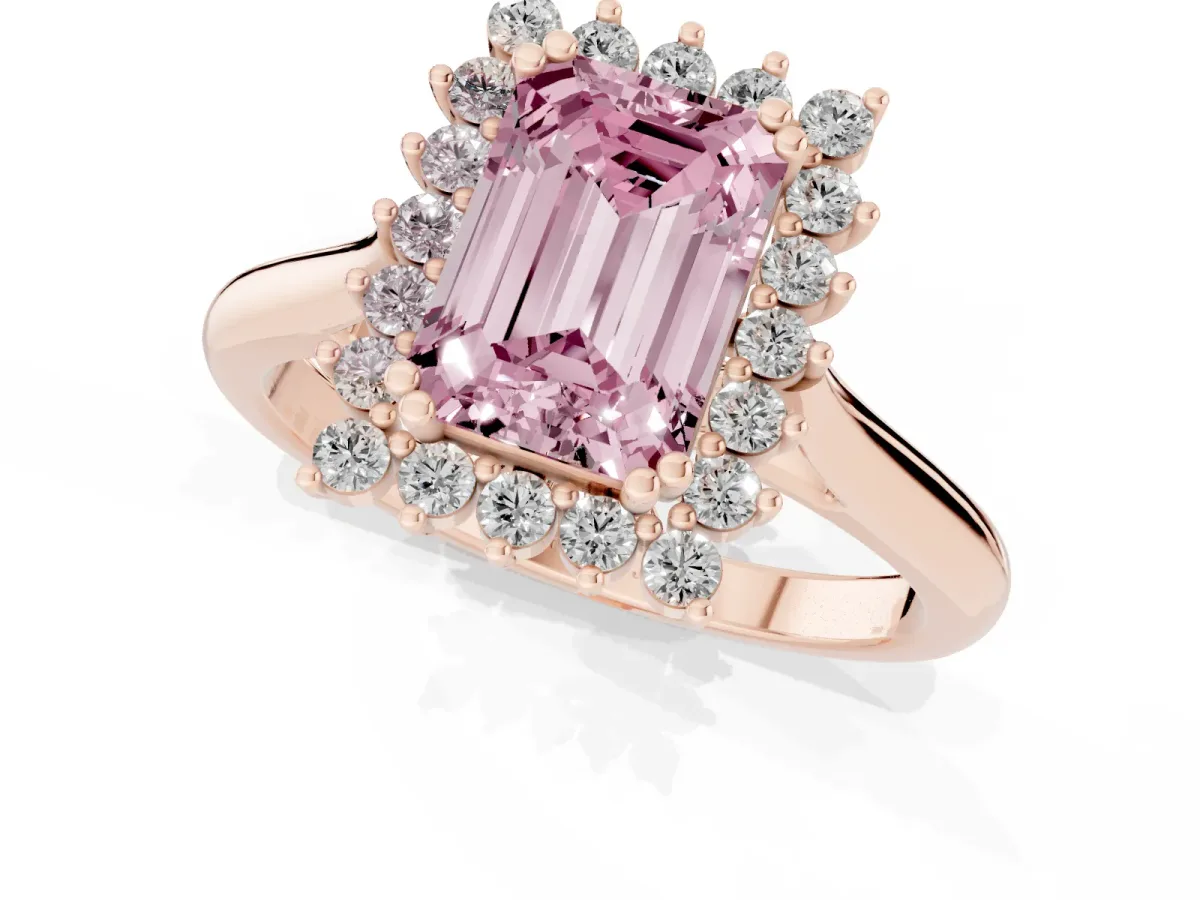 Fancy Pink Emerald Cut Cut Diamond Halo Ring with Solitaire Band and Prong Setting Rose gold
