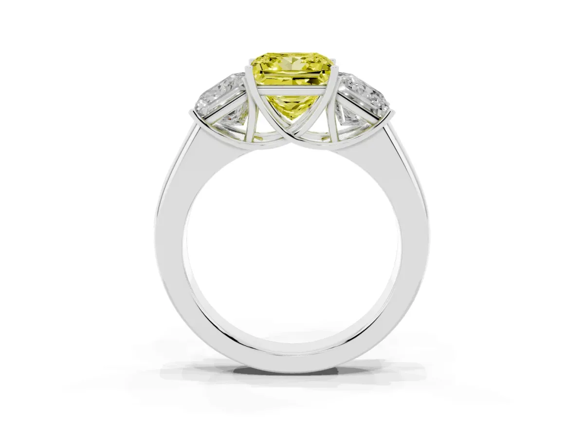 Fancy Yellow Three-Stone Princess Cut Cut Diamond Ring with Prong Setting and Classic Band Silver