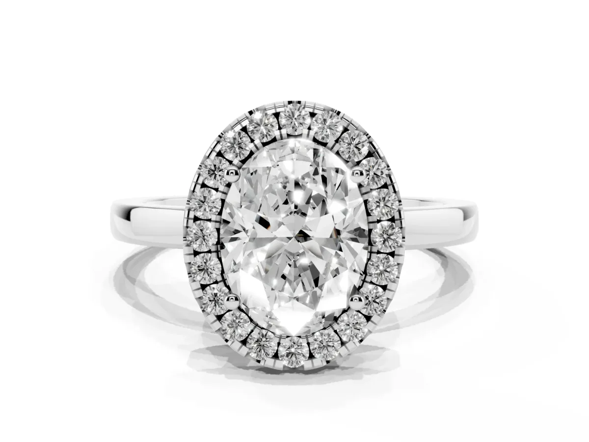 Oval Cut Halo Diamond Solitaire with Pavé Band and Four-Prong Setting White gold