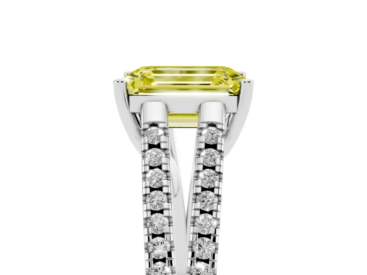 Fancy Yellow Emerald Cut Diamond Solitaire Engagement Ring with Split Shank Pavé Band Platinum