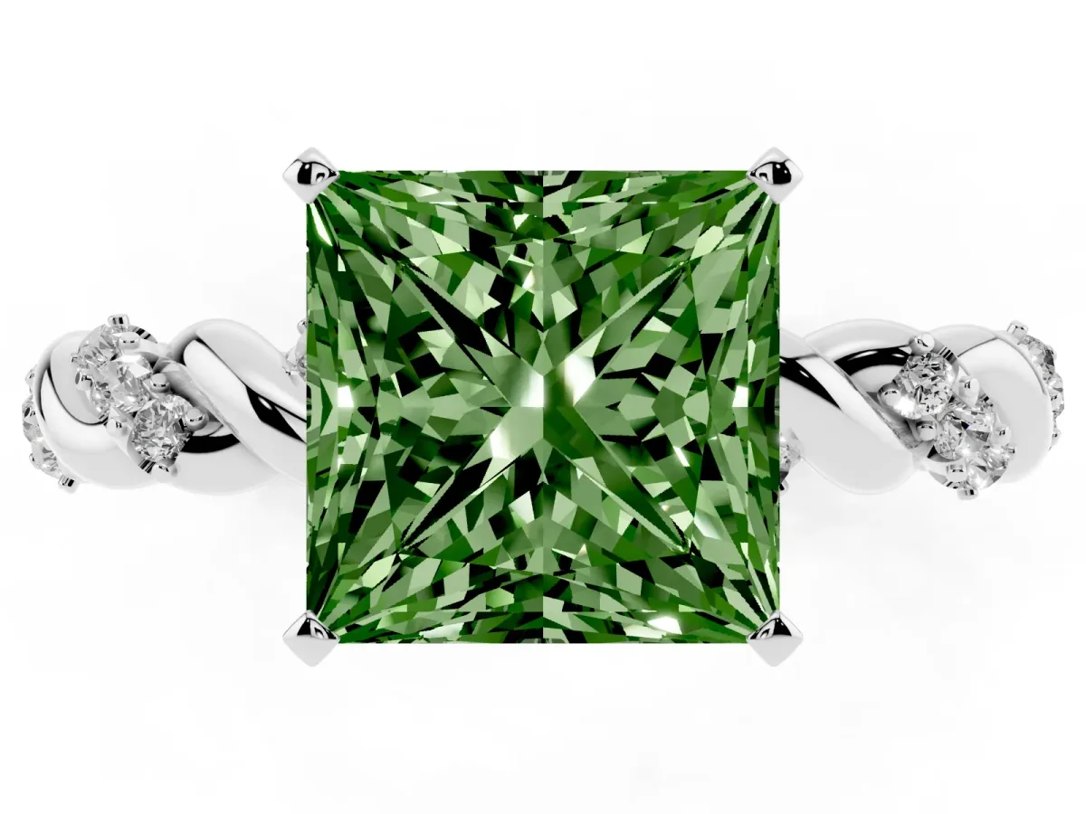 Fancy Green Princess Cut Diamond Solitaire Ring with Twisted Band and Pavé Accents Silver