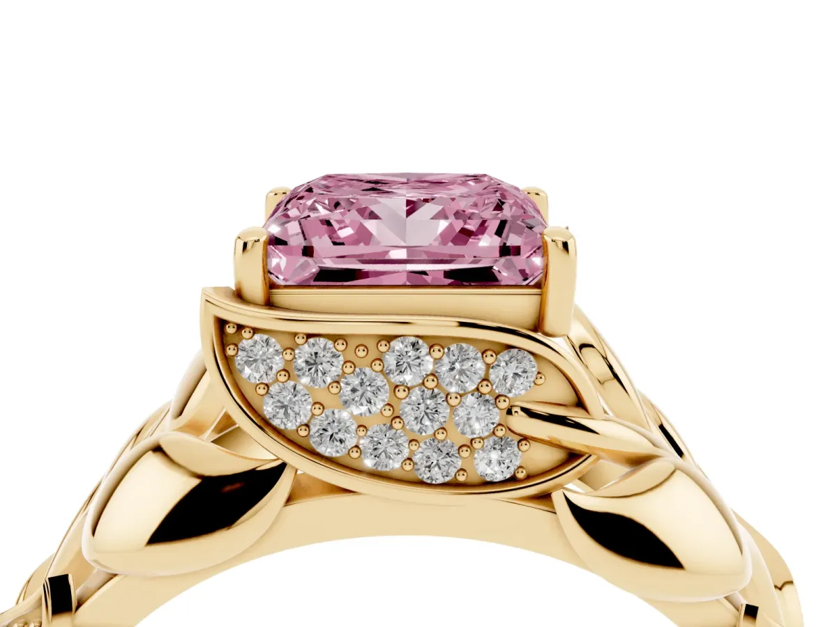 Fancy Pink Princess Cut Diamond Leaf-Inspired Engagement Ring with Round Accents and Prong Setting Yellow gold
