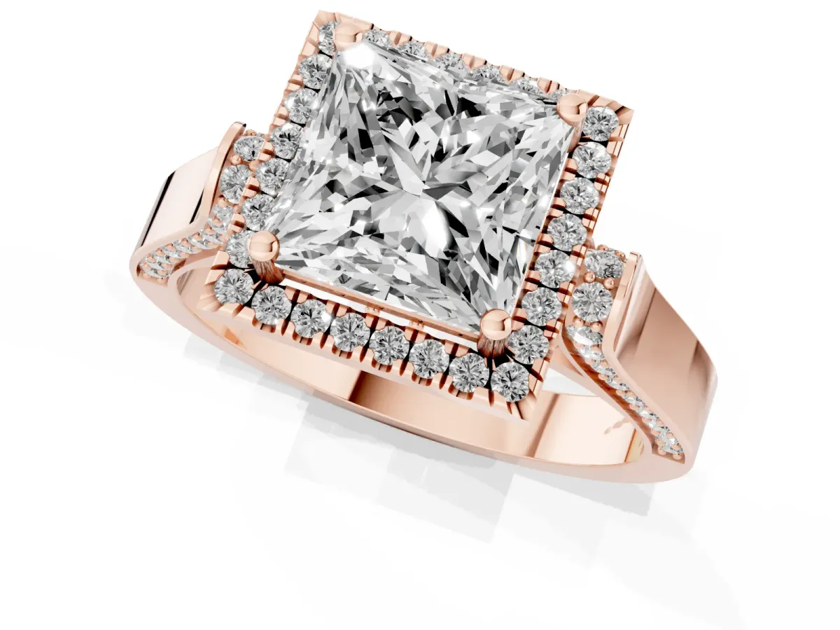 Princess Cut Halo Round Diamond Twist Band with Four-Prong Setting Rose gold