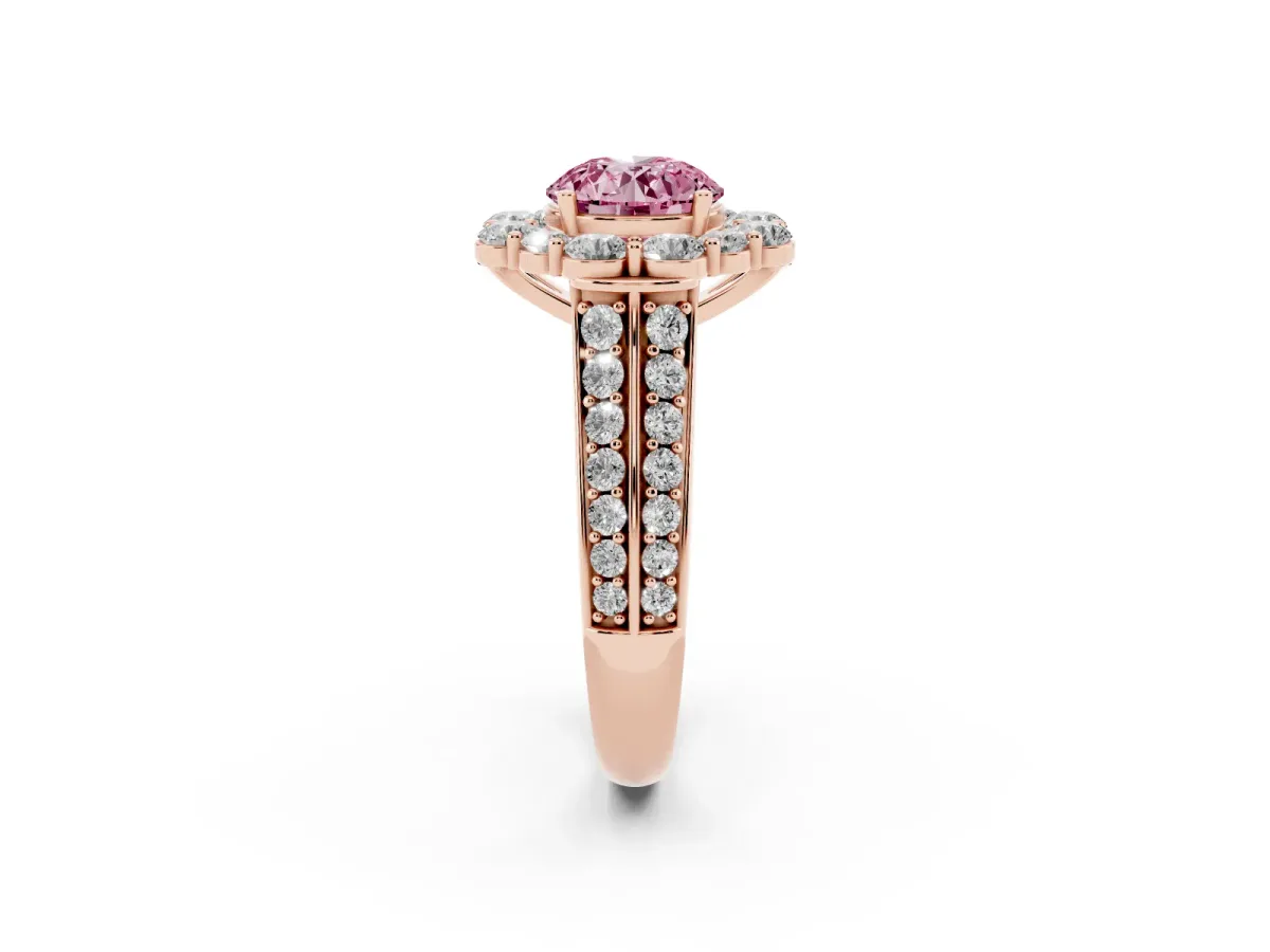 Fancy Pink Round Cut Halo Diamond Engagement Ring with Split Shank and Prong Setting Rose gold