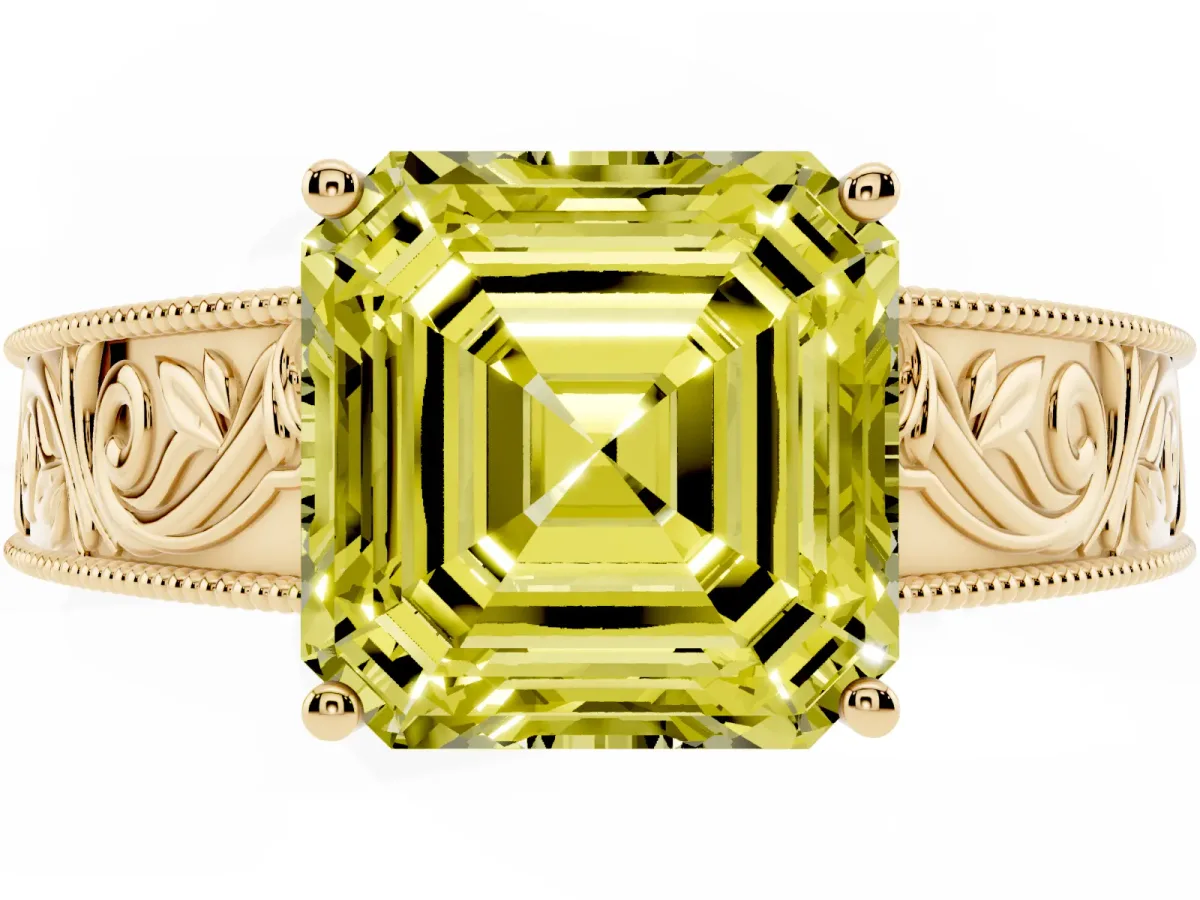 Fancy Yellow Asscher Cut Diamond Solitaire Ring with Engraved Band and Four-Prong Setting Yellow gold