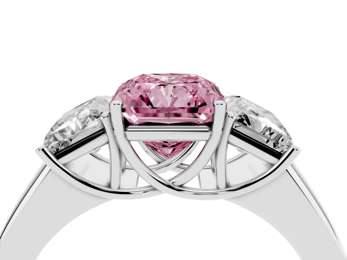 Fancy Pink Three-Stone Radiant Cut Cut Diamond Ring with Prong Setting and Classic Band Silver