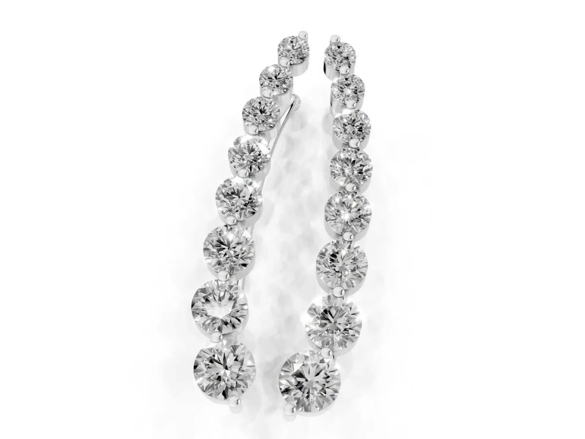 Round Diamond Climber Earrings with Prong Setting on Curved Band Silver