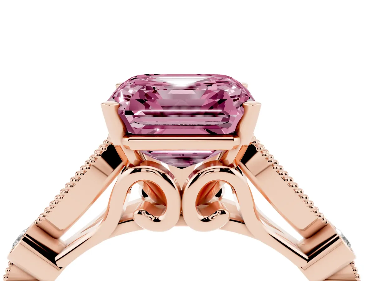 Fancy Pink Asscher Cut Cut Diamond with Milgrain Marquise and Bezel Accents on a Solitaire Band with Prong Setting Rose gold