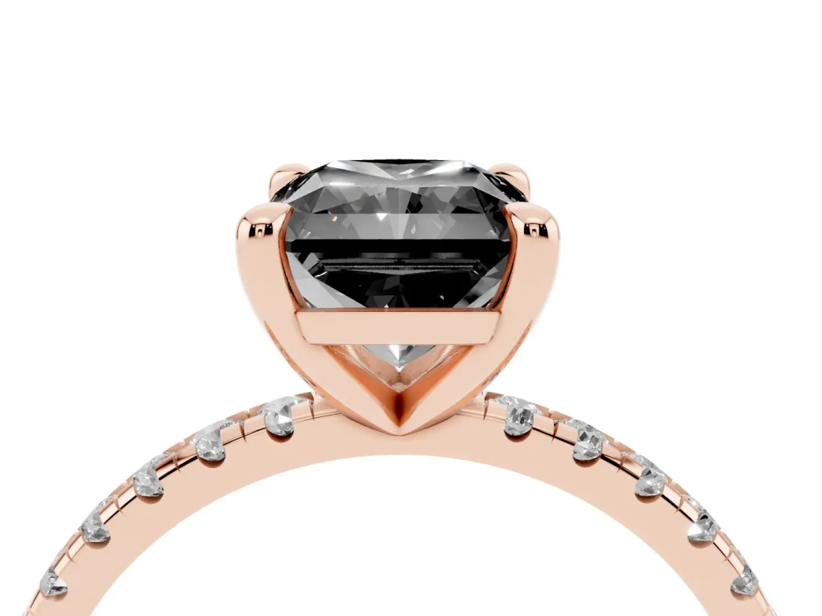Fancy Black Radiant Cut Diamond Brilliant Solitaire Ring with Pavé Band and Four-Prong Setting Rose gold