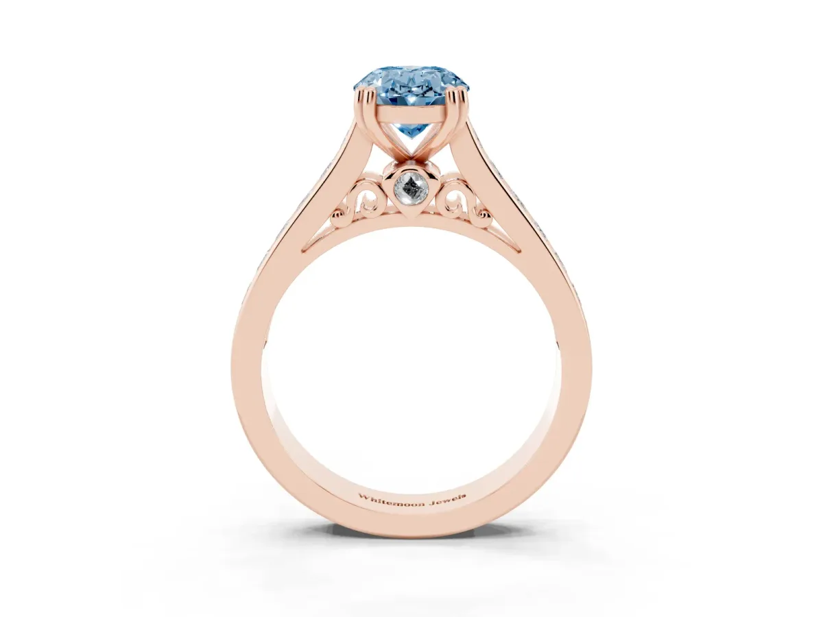 Fancy Blue Oval Cut Cut Channel Set Solitaire Engagement Ring with Prong Setting Rose gold