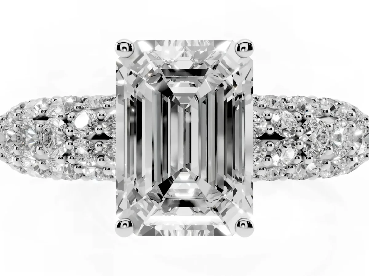 Emerald Cut Diamond Pavé Band Solitaire Ring with Four-Prong Setting Silver