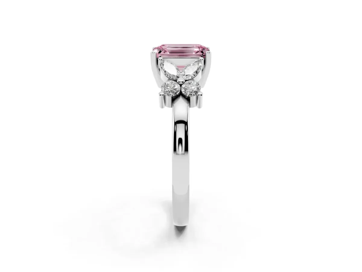 Fancy Pink Emerald Cut Diamond Floral Cluster Ring with Solitaire Band and Prong Setting Silver