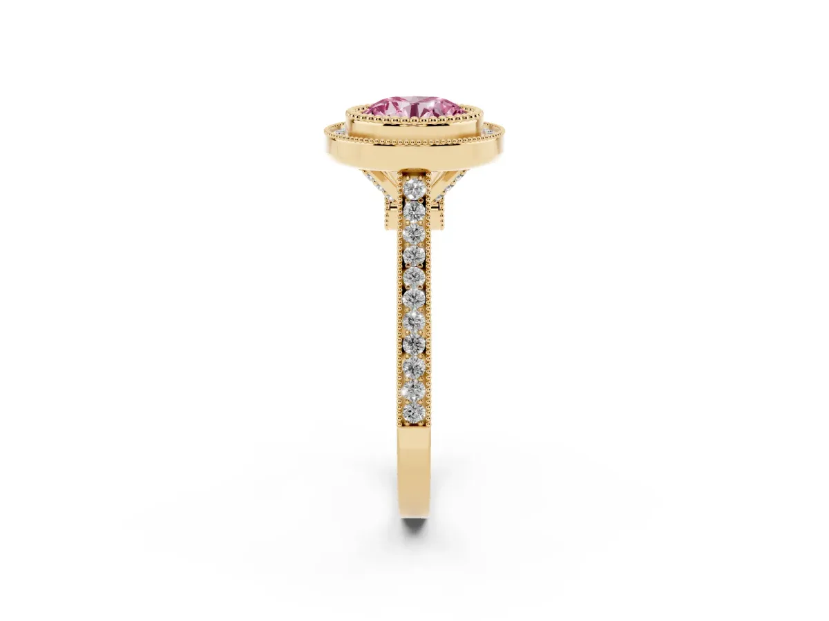 Fancy Pink Round Cut Diamond Halo Ring with Milgrain Frame and Pavé Band Yellow gold