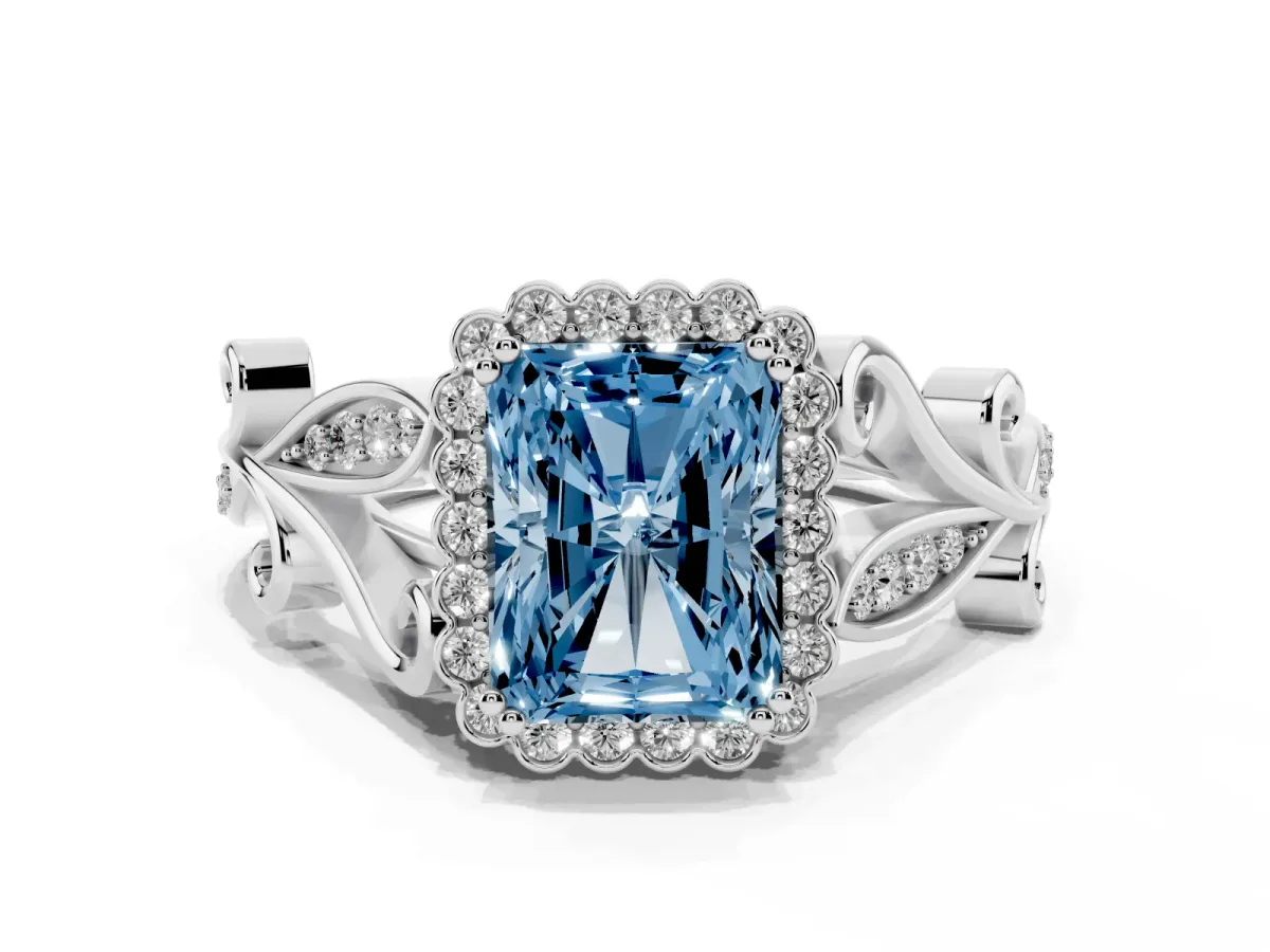 Fancy Blue Radiant Cut Diamond Halo Ring with Vintage Split Shank and Four-Prong Setting Platinum