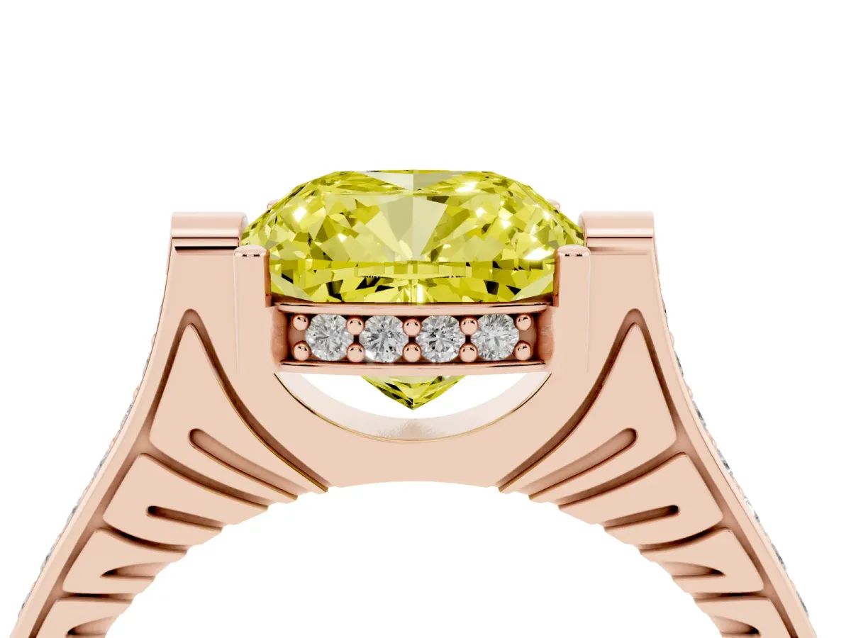 Fancy Yellow Cushion Cut Solitaire Diamond Ring with Channel Set Band and Bezel Prong Setting Rose gold