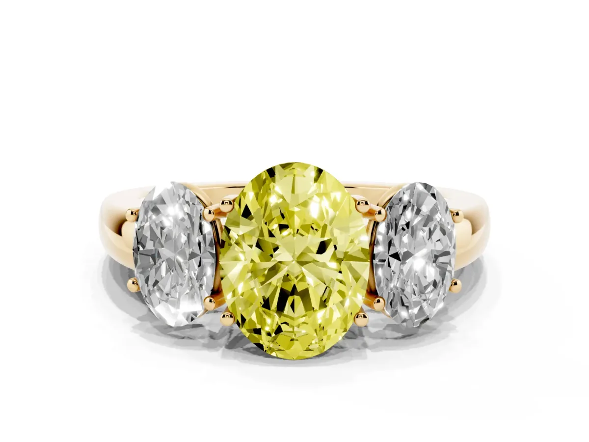 Fancy Yellow Oval Cut Diamond Three-Stone Ring with Four-Prong Setting and Classic Band Yellow gold
